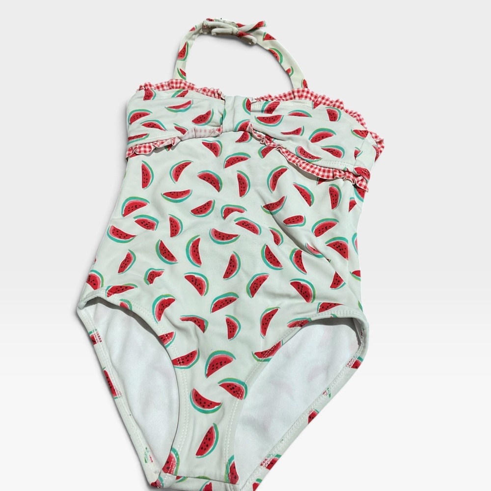 Janie and Jack Swimsuit Kids 6 White Watermelon Ruffle Halter One Piece Suit